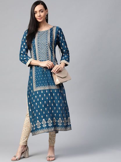 Dhiyona IE Women Navy Blue & Golden Foil Printed Straight Kurta