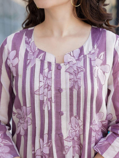 Dhiyona IE Indo era Floral Printed Pure Cotton Round Neck Top With Trousers Co-Ords Set