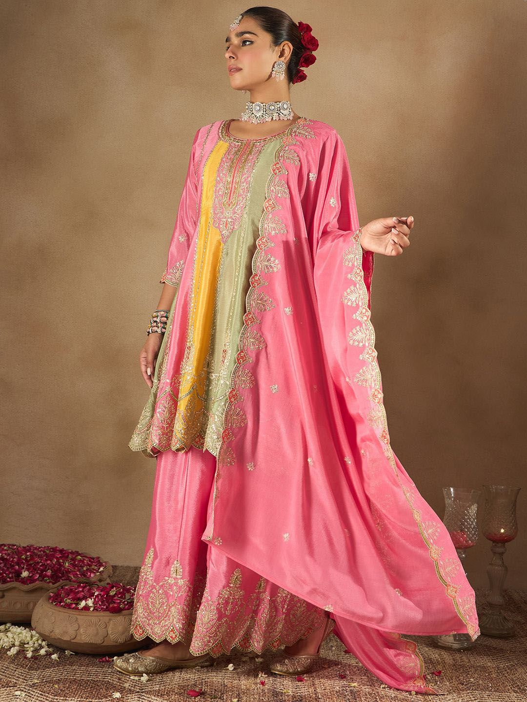 Dhiyona IE Women Ethnic Motifs Embroidered Panelled Sequinned Kurta with Palazzos & Dupatta