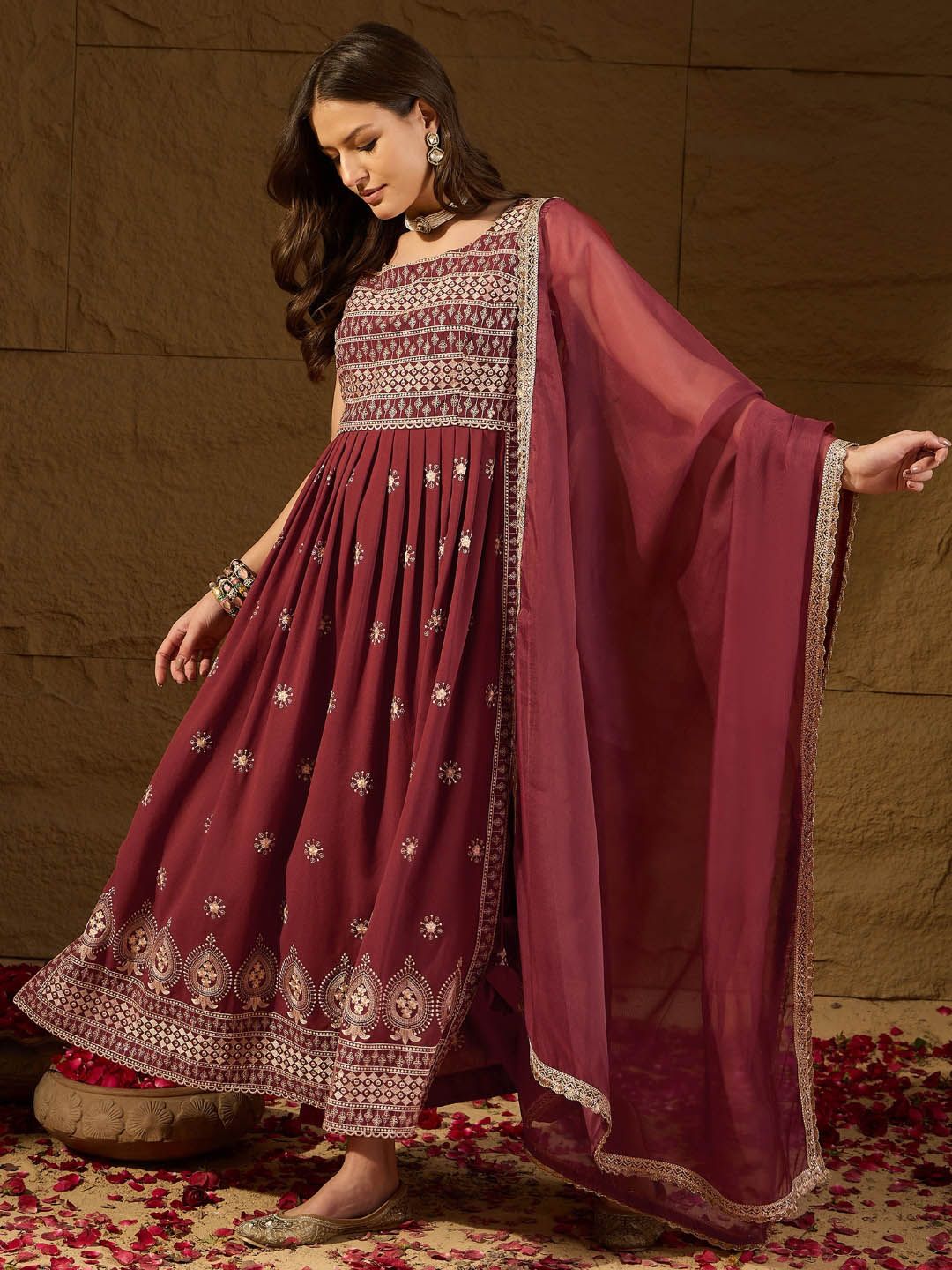 Dhiyona PD Women Floral Embroidered A-Line Kurta With Trouser And Dupatta