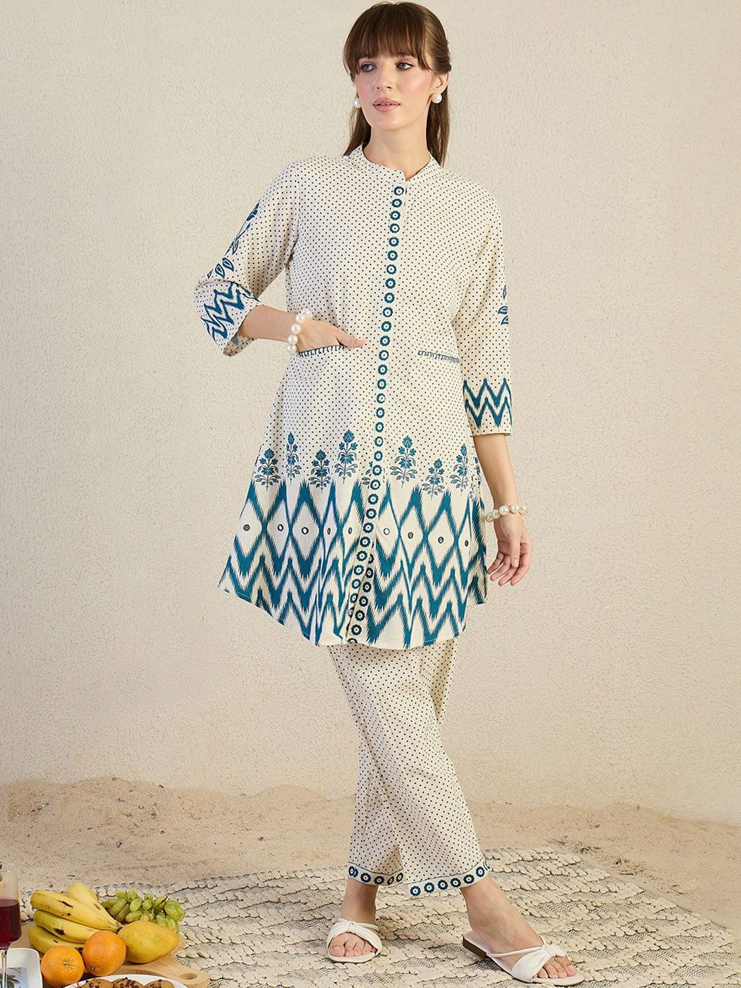 Dhiyona IE Printed Mandarin Collar A-Line Top with Trousers Co-Ords