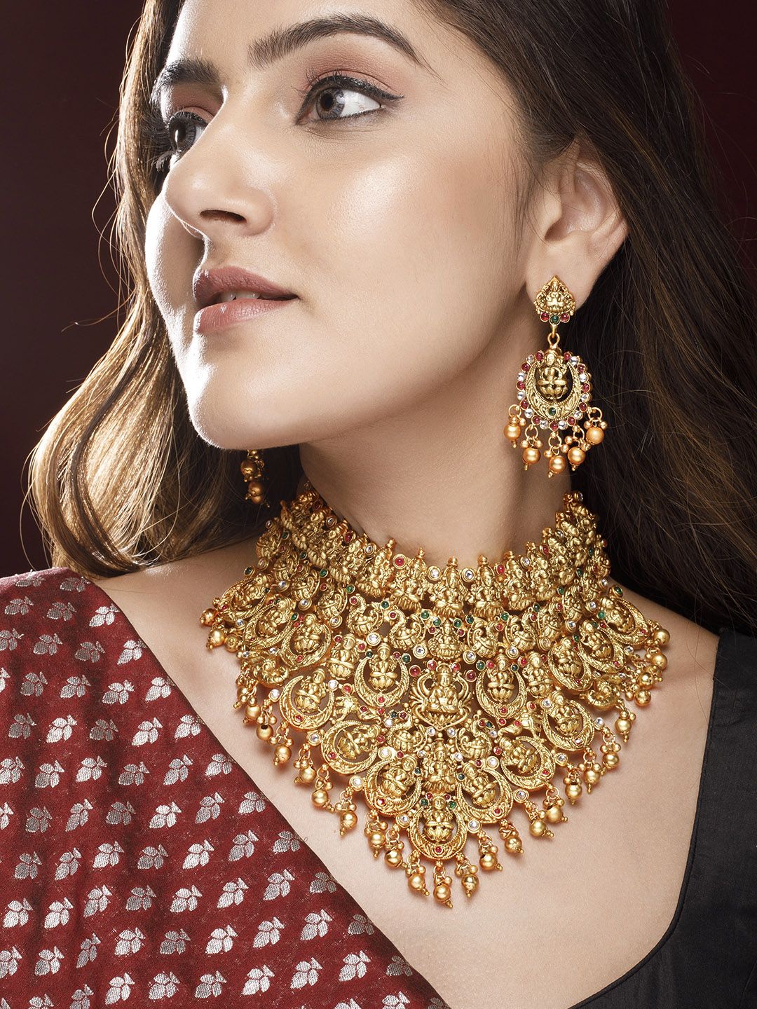 Dhiyona RJ Women's 22K Gold Plated Red, Green & White Stone Studded Lakshmi Motif Temple Jewellery Set