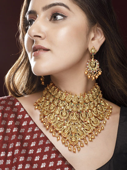 Dhiyona RJ Women's 22K Gold Plated Red, Green & White Stone Studded Lakshmi Motif Temple Jewellery Set