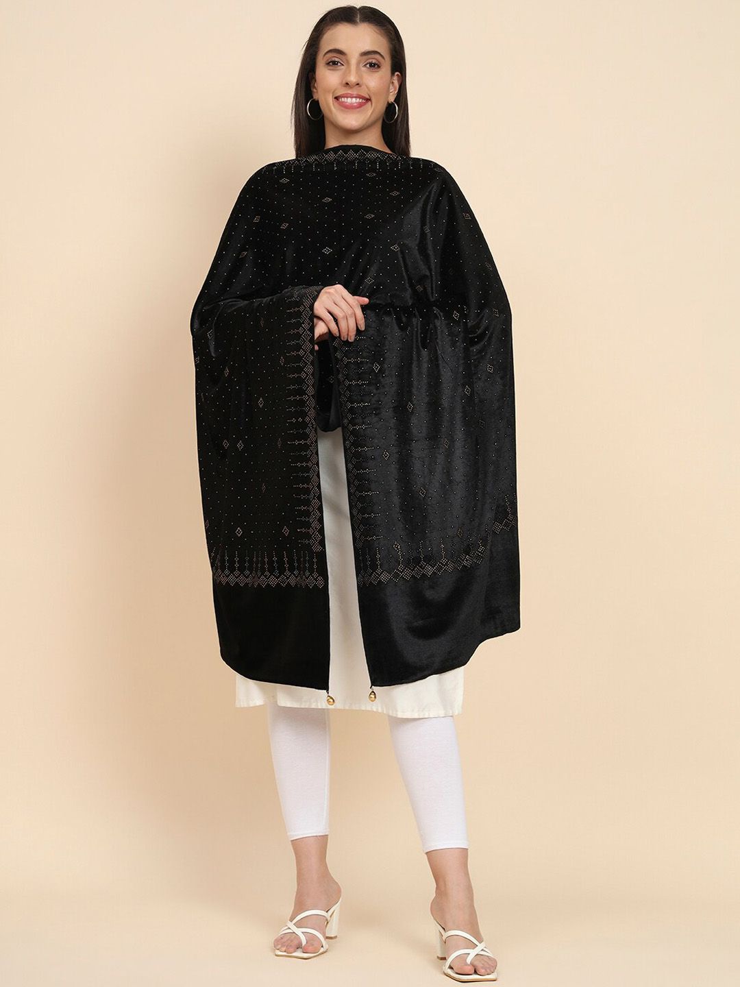 Dhiyona PA Embellished Beads & Stones Velvet Shawl