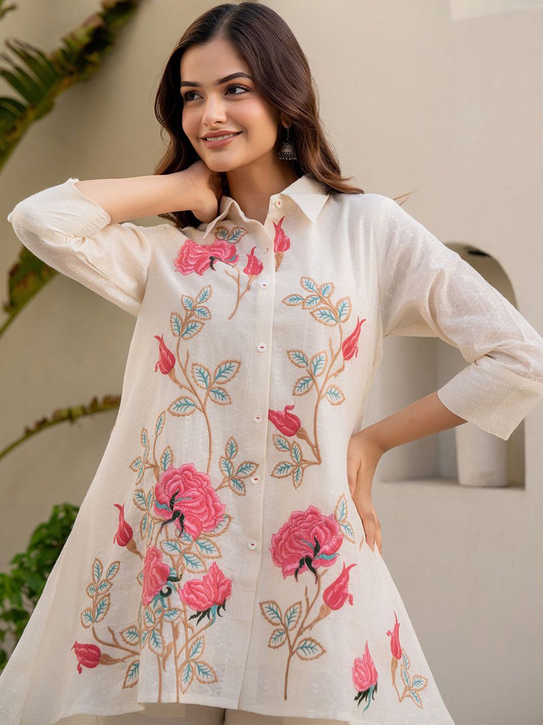 Dhiyona IE Indo era Embroidered Pure Cotton Shirt Collar Top With Trousers Co-Ords Set
