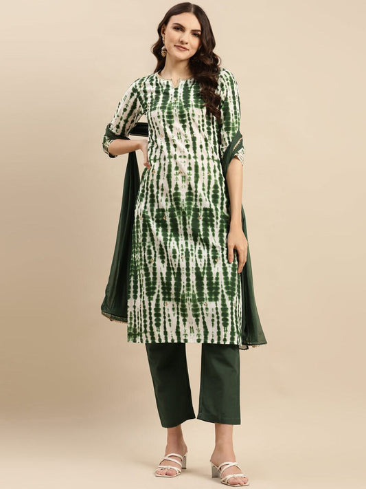 Dhiyona VA Women'sGreen Shibori Printed Sequinned Pure Cotton Kurta With Trousers & Dupatta