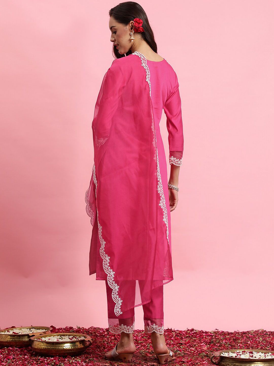 Floral Embroidered Yoke Design Kurta With Trousers & Dupatta