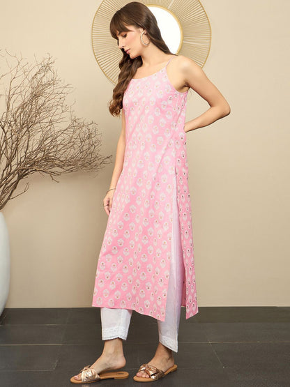 Dhiyona IE Ethnic Motifs Printed Shoulder Straps Pure Cotton Straight Kurta