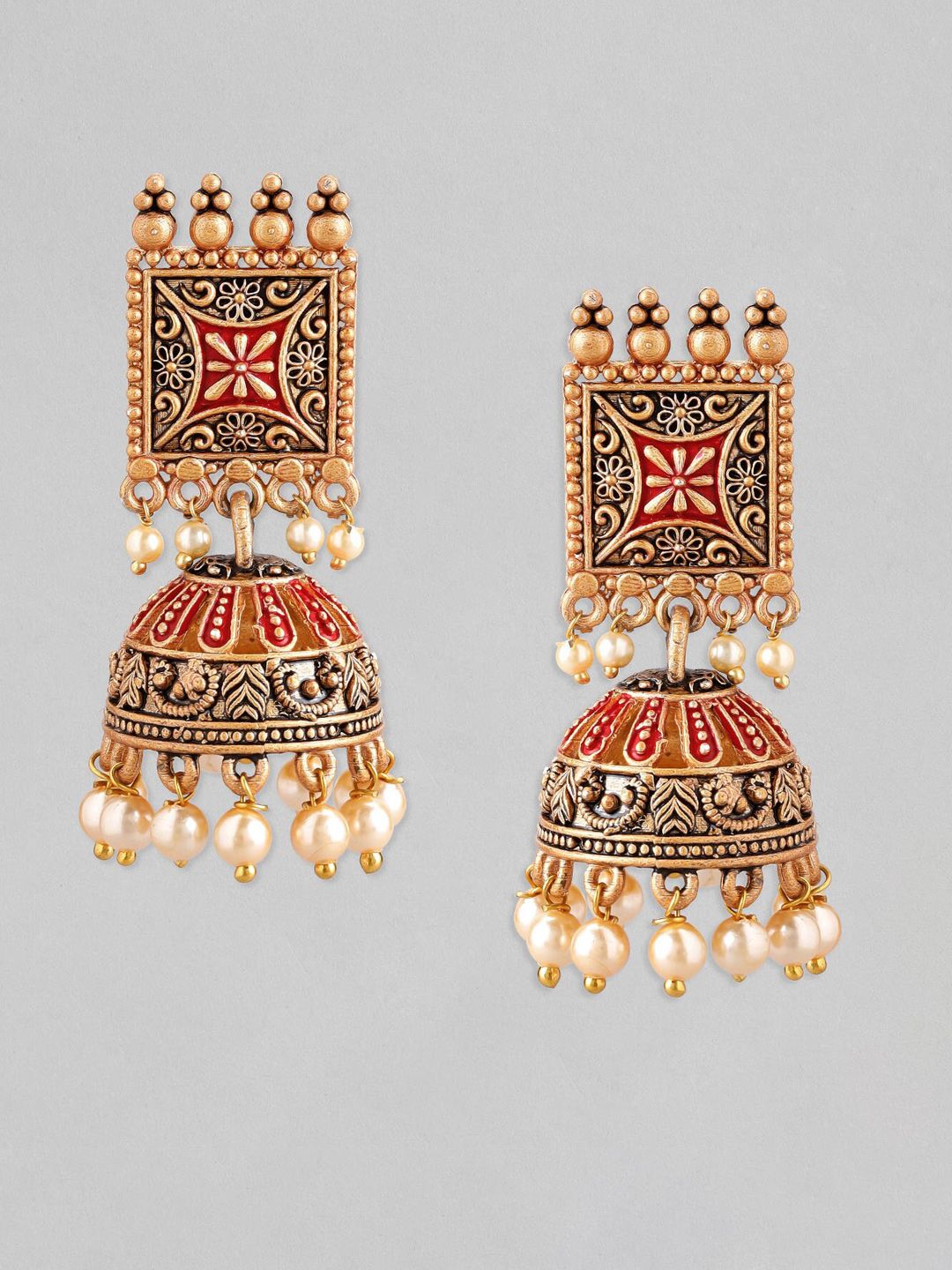 Dhiyona RJ Women's 22K Gold-Plated Red Enamel Handcrafted Dome Shape Jhumkas with Pearl Drops