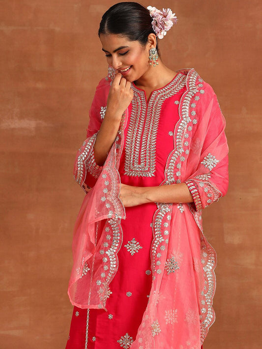 Dhiyona IE Ethnic Motifs Embroidered Gotta Patti Kurta & Trousers With Dupatta