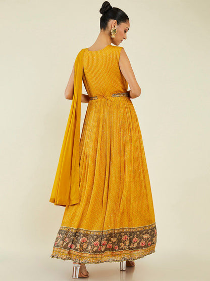 Dhiyona SO Women's Embroidered Georgette Anarkali Kurta with Churidar & with Dupatta