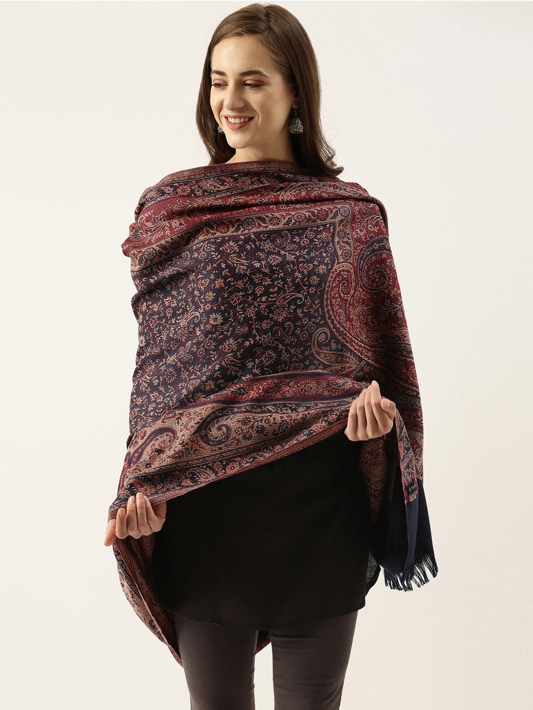 Dhiyona PA Women Blue And Red Woven Design Shawl