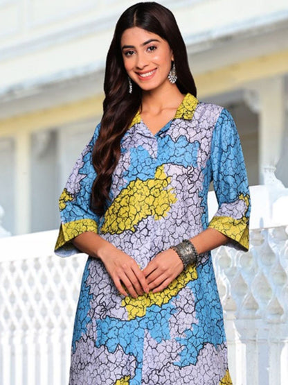 Dhiyona VA Women'sBlue Abstract Printed Cuban Collar Straight Kurta With Trousers