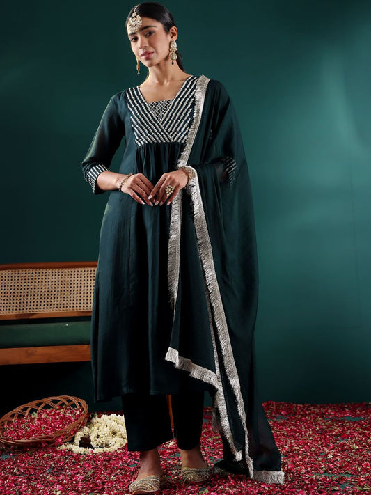 Dhiyona VA Women's Embroidered Regular Sequinned Kurta with Trousers & With Dupatta