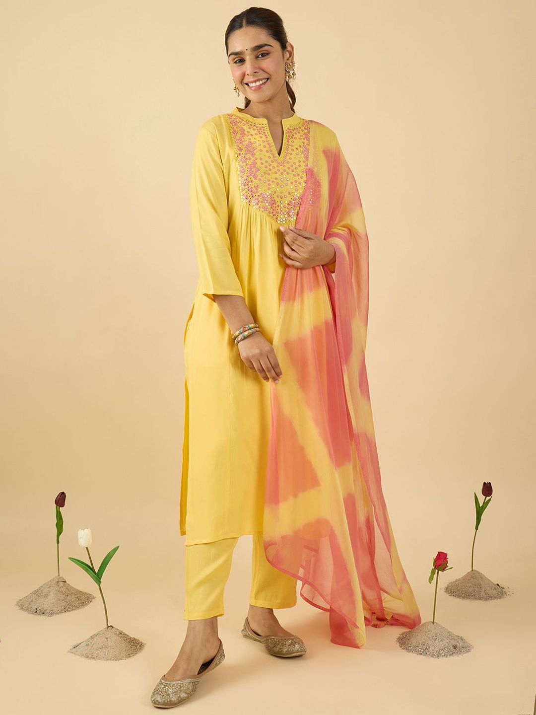 Women Embroidered Mirror Work Pure Cotton Kurta with Trousers & With Dupatta
