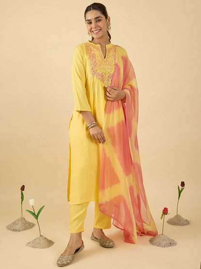 Women Embroidered Mirror Work Pure Cotton Kurta with Trousers & With Dupatta