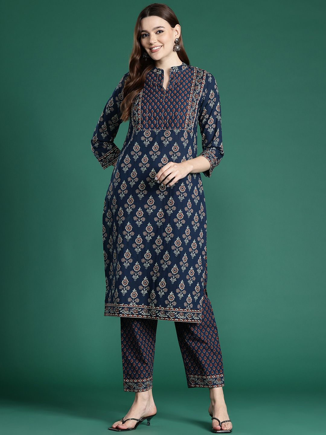 Ethnic Motifs Printed Thread Work Pure Cotton Kurta with Trousers
