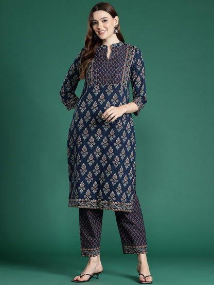 Ethnic Motifs Printed Thread Work Pure Cotton Kurta with Trousers