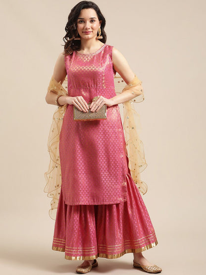 Dhiyona VA Women'sPink & Gold-Colored Brocade Sleeveless Kurta Sharara With Sequins Ruffle Dupatta