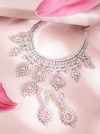 Dhiyona RJ Women's Dhiyona RJ Women'sSilver Plated Pink Gemstone & AAA Cubic Zirconia Studded Floral Design Jewellery Set