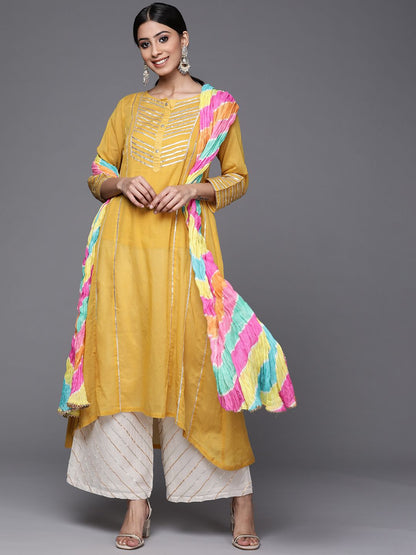 Dhiyona VA Women's Mustard Yellow & Yellow Gotta Patti Cotton Kurta with Palazzos & Dupatta