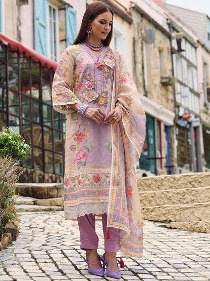 Floral Embroidered Beads and Stones Linen Kurta with Trousers & Dupatta