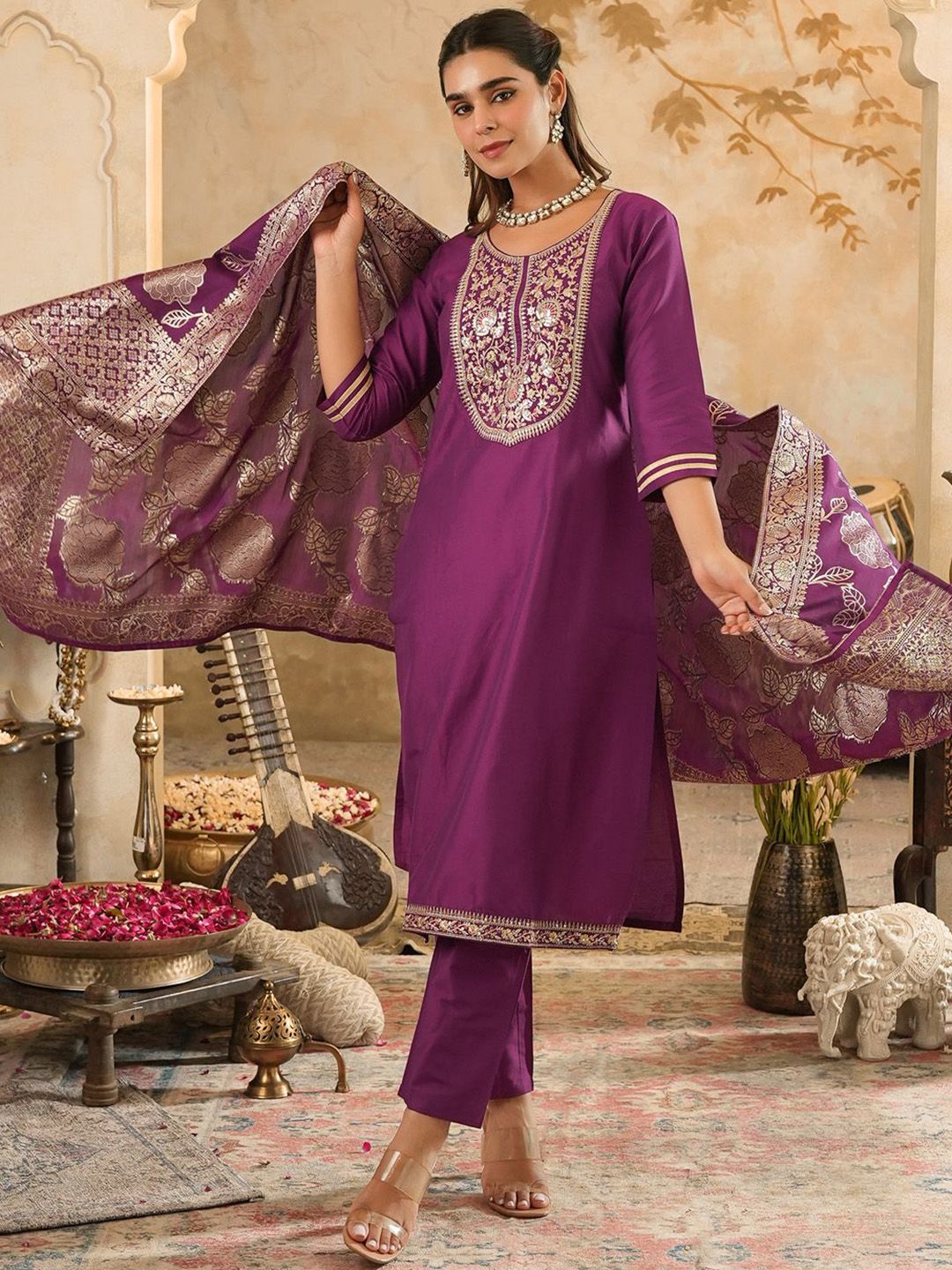 Ethnic Motifs Embroidered Sequinned Kurta With Trousers & Dupatta
