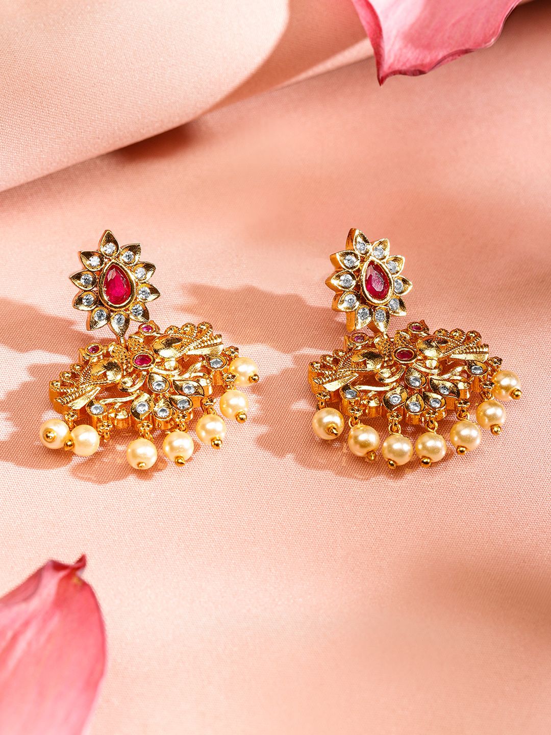 Dhiyona RJ Women's 22K Gold Plated Ruby Pink & CZ Studded Pearl Beaded Traditional Choker Jewellery Set