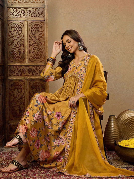 Dhiyona PD Women Floral Printed A-Line Kurta Trouser With Dupatta