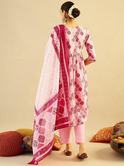Dhiyona IE Ethnic Motifs Printed Mirror Work Pure Cotton Kurta with Trouser And Dupatta