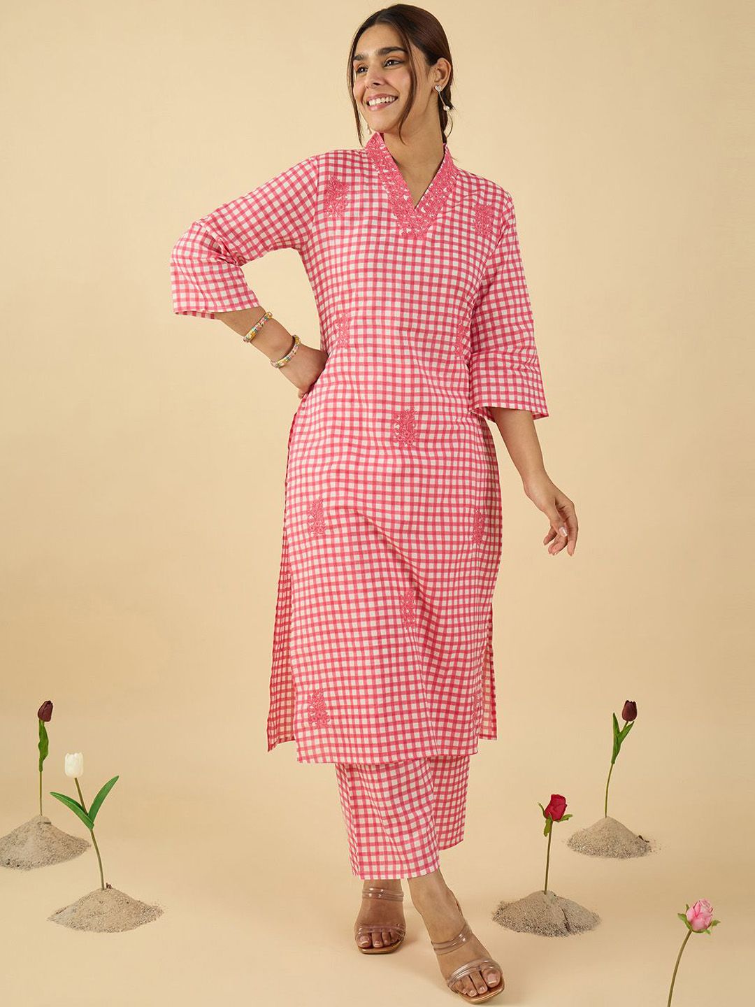 Checked V Neck Thread Work Pure Cotton Straight Kurta With Trousers