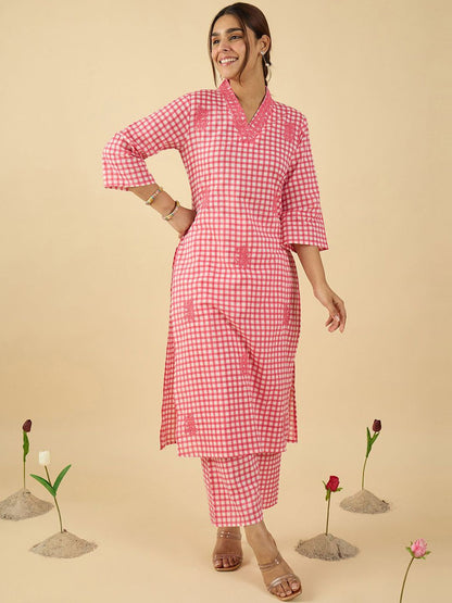 Checked V Neck Thread Work Pure Cotton Straight Kurta With Trousers