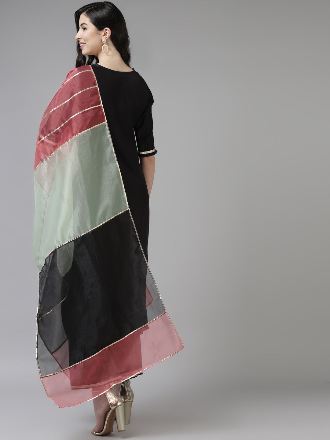 Women Black & Pink Floral Embroidered Kurta with Palazzos & With Dupatta