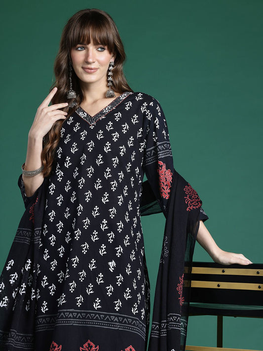 Dhiyona IE Floral Printed Regular Pure Cotton Kurta with Trousers & Dupatta