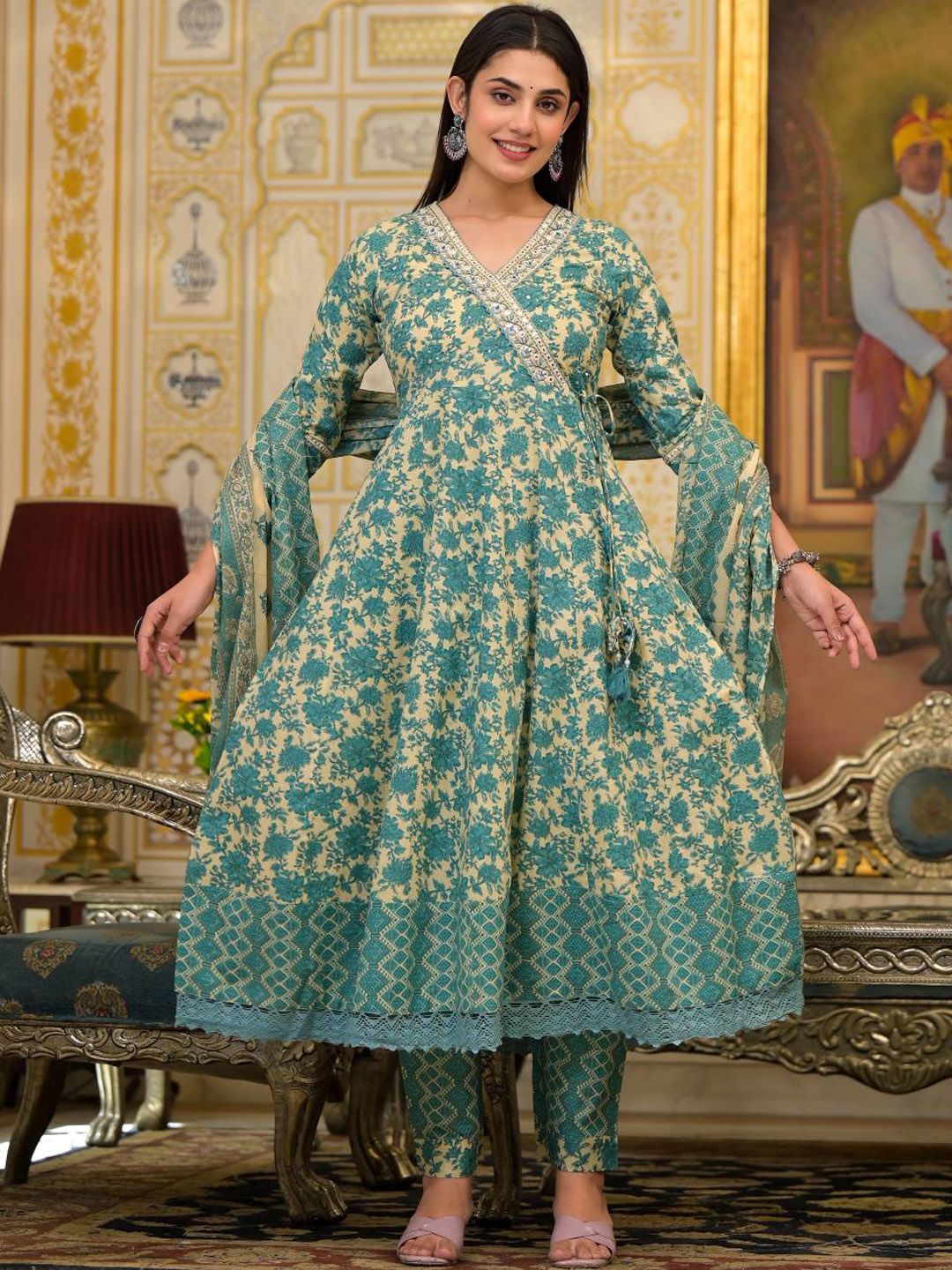 Dhiyona VA Women'sEthnic Motifs Printed Mirror Work Pure Cotton Kurta with Trousers & Dupatta