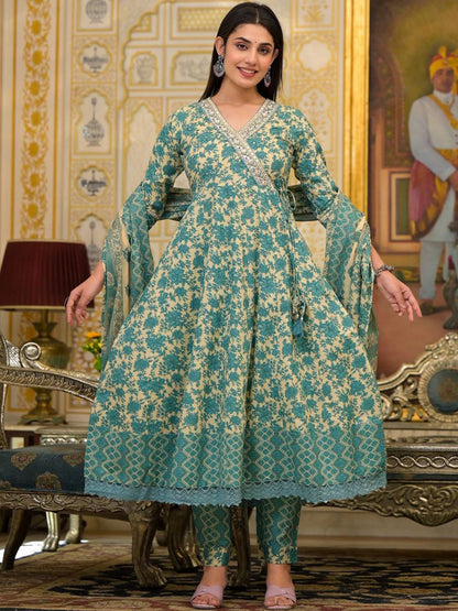 Dhiyona VA Women'sEthnic Motifs Printed Mirror Work Pure Cotton Kurta with Trousers & Dupatta