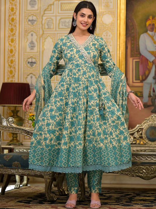 Dhiyona VA Women'sEthnic Motifs Printed Mirror Work Pure Cotton Kurta with Trousers & Dupatta