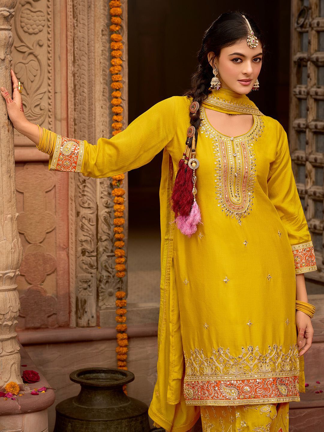 Dhiyona IE Ethnic Motifs Embroidered Sequinned Straight Kurta with Trouser & Dupatta