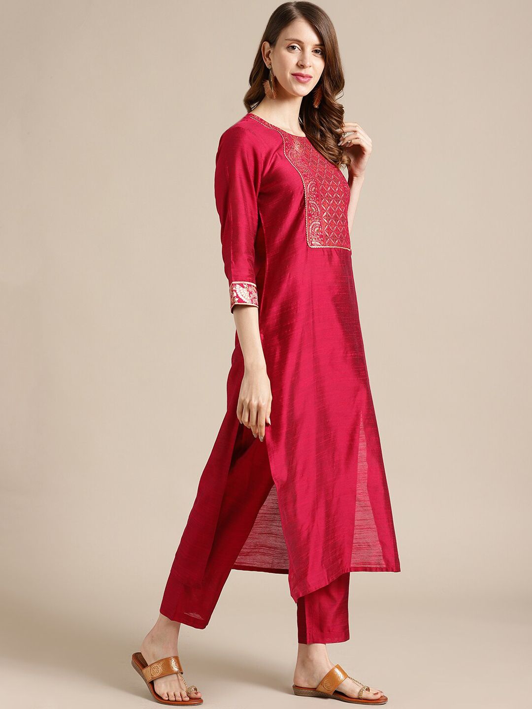 Dhiyona VA Women's Red Ethnic Motifs Yoke Design Kurta with Palazzos