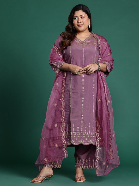Dhiyona IE Plus Size Ethnic Motifs Embroidered Sequinned Kurta with Trousers & With Dupatta