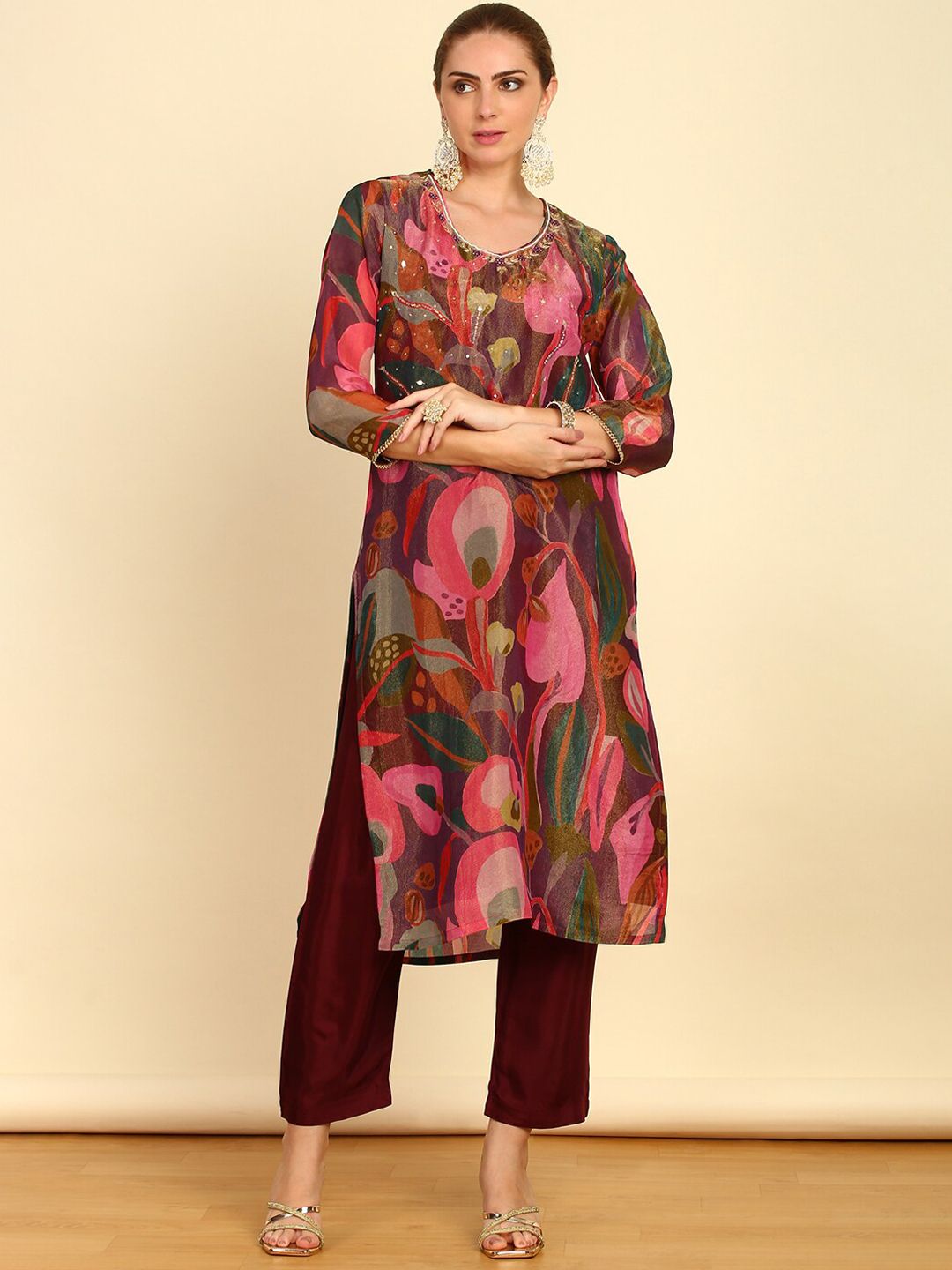 Dhiyona SO Women's Floral Printed Mirror Work Kurta With Trousers & Dupatta