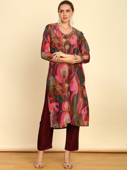 Dhiyona SO Women's Floral Printed Mirror Work Kurta With Trousers & Dupatta