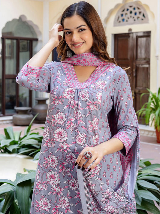 Dhiyona IE Floral Printed Panelled V-Neck Pure Cotton Kurta With Trousers & Dupatta