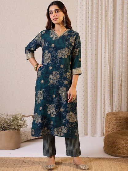 Floral Printed Straight Chanderi Silk Kurta With Trousers & Dupatta