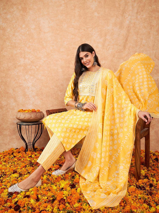 Dhiyona IE Floral Printed Regular Sequinned Pure Cotton Kurta With Trousers & Dupatta