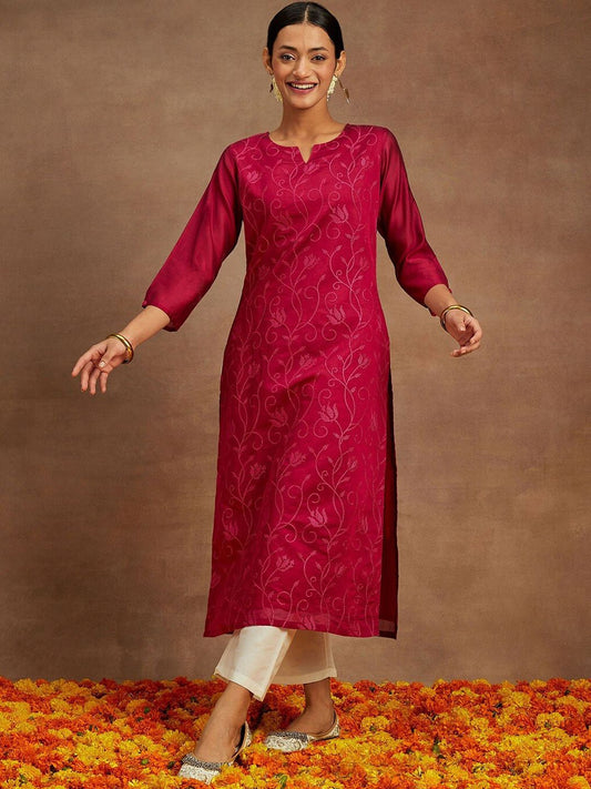 Dhiyona LB Women's Floral Printed Thread Work Chanderi Silk Kurta