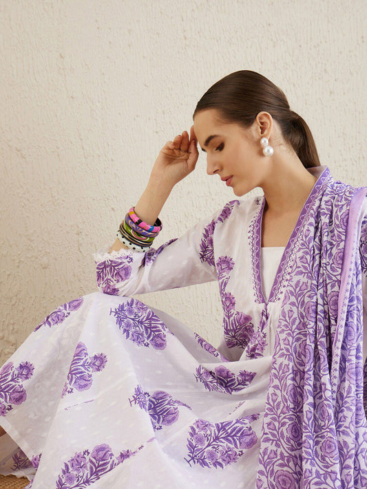 V-Neck Floral Printed Panelled Pure Cotton Kurta Set