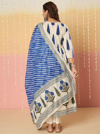 Ethnic Motifs Printed Angrakha A-Line Pure Cotton Kurta With Trousers & Dupatta