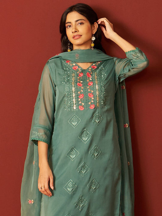 Dhiyona IE Women Floral Embroidered Kurta with Trousers & Dupatta