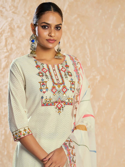 Dhiyona CH Women Floral Embroidered Mirror Work Pure Cotton Kurta with Trousers & Dupatta